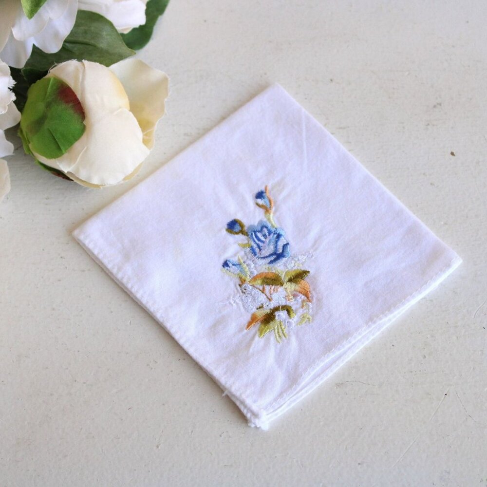 Vintage Handkerchief, White Cotton With Blue Embroidered Roses Hanky
